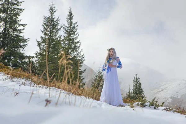 山の冬の雪の中の花嫁と新郎 — ストック写真