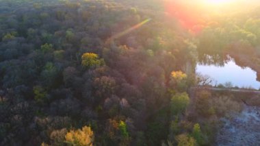Golosievo parkında insansız hava aracıyla çekilen güzel göl ve sonbahar ormanlarının manzarası.
