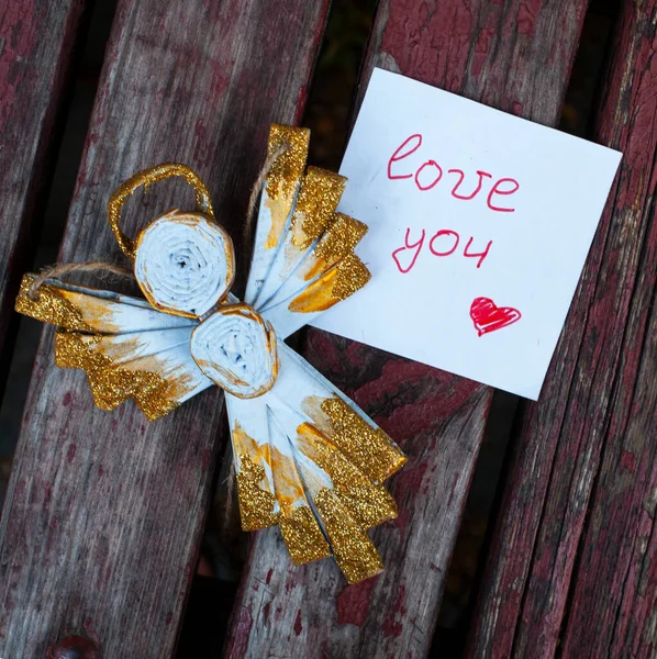 Paper Angel Wooden Backgroung Note Love You — Stock Photo, Image