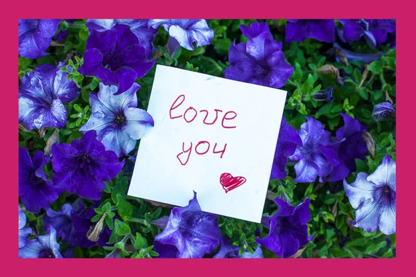 Note Text Love You Petunia Flowers — Stock Photo, Image