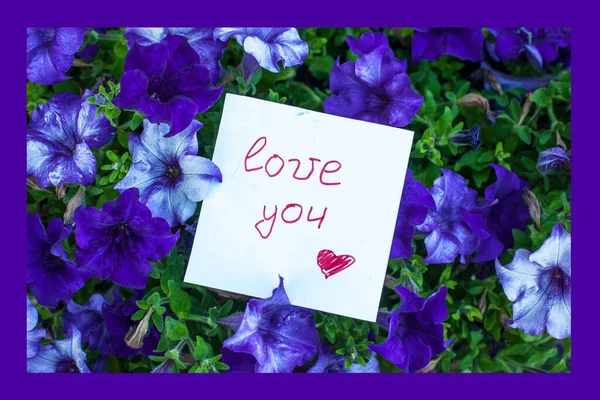 Σημείωμα Κείμενο Αγαπώ Στα Λουλούδια Της Πετούνιας — Φωτογραφία Αρχείου