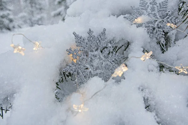 Рождественские Огни Снежинки Украшенной Ели Зимнем Парке — стоковое фото