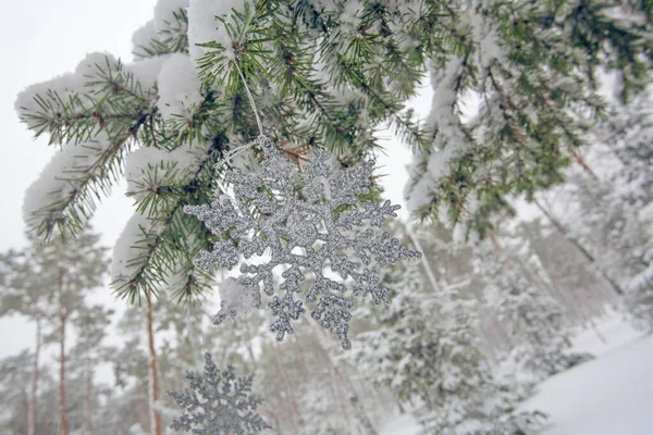 Χριστουγεννιάτικα Φώτα Και Νιφάδες Χιονιού Στο Στολισμένο Έλατο Στο Χειμερινό — Φωτογραφία Αρχείου
