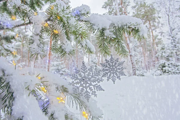 Weihnachtsbeleuchtung Und Schneeflocken Geschmückten Tannenbaum Winterpark — Stockfoto