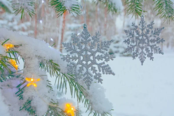 Рождественские Огни Снежинки Украшенной Ели Зимнем Парке — стоковое фото
