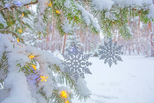 Luces Navidad Copos Nieve Abeto Decorado Parque Invierno —  Fotos de Stock