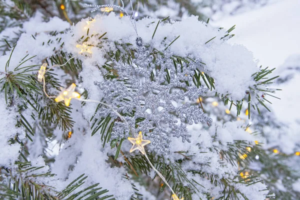 Luces Navidad Copos Nieve Abeto Decorado Parque Invierno —  Fotos de Stock