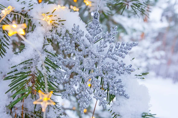 Kerstverlichting Sneeuwvlokken Versierde Dennenboom Het Winterpark — Stockfoto