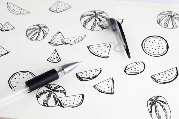 Lots Pen Graphic Drawing Watermalon Black White — Stock Photo, Image