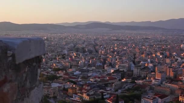 Πανόραμα Ηλιοβασιλέματος Της Αθήνας Από Την Αρχαία Πόλη Της Ακρόπολης — Αρχείο Βίντεο