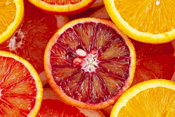 Různé Druhy Pomerančů Grapefruitové Plátky Pozadí — Stock fotografie