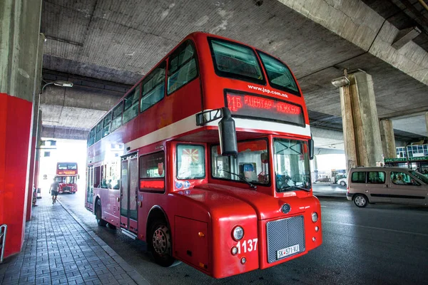 stock image SKOPJE, MACEDONIA - JULY 29, 2016: Double decker bus specially designed for Skopje public transportation.