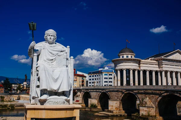 Skopje Norte Macedonia Julho 2018 Monumento Imperador Romano Justiniano Skopje — Fotografia de Stock