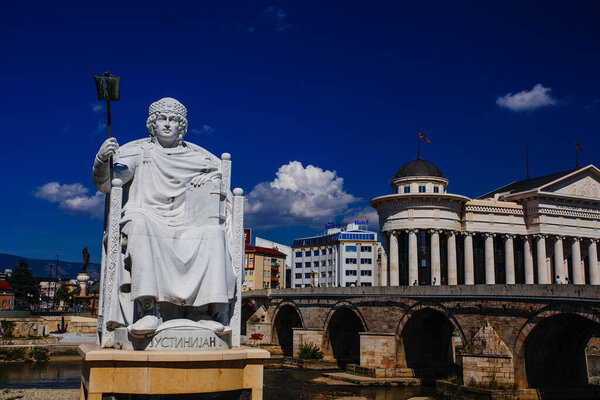 SKOPJE, NORTH MACEDONIA - July 29, 2018: Monument of the Roman Emperor Justinian, in Skopje, North Macedonia