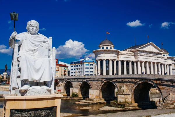 Skopje Północna Macedonia Lipca 2018 Pomnik Rzymskiego Cesarza Justyniana Skopje — Zdjęcie stockowe