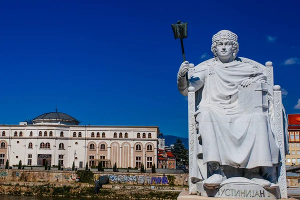 Skopje Norte Macedonia Julho 2018 Monumento Imperador Romano Justiniano Skopje — Fotografia de Stock