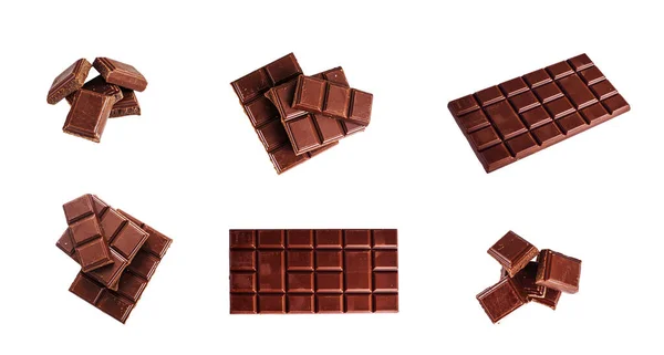 Saboroso Chocolate Preto Leite Doce Fundo Branco Conjunto — Fotografia de Stock