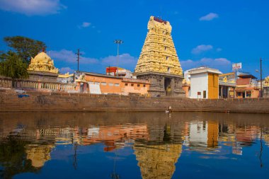 KANCHIPURAM, INDIA - 19 Ocak - Hintli turistler 19 Ocak 2015 tarihinde Hindistan 'ın Kanchipuram kentinde Tamil Nadu tapınaklarını keşfettiler.