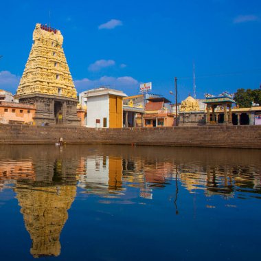 KANCHIPURAM, INDIA - 19 Ocak - Hintli turistler 19 Ocak 2015 tarihinde Hindistan 'ın Kanchipuram kentinde Tamil Nadu tapınaklarını keşfettiler.
