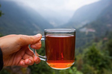 Himalayalar 'da, Nepal' de, çay evinin yanında çay fincanı.