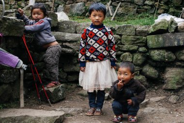 HIMALAYAS, Everest REGION, NEPAL - 20 EKİM 2018: Nepal 'deki Himalaya köyünde, ağzında çiçekle evinin yanındaki portre nepalli kız