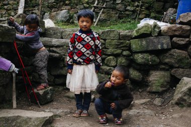 HIMALAYAS, Everest REGION, NEPAL - 20 EKİM 2018: Evinin yakınındaki Himalaya köyündeki sokakta Nepal kızı portresi