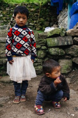 HIMALAYAS, Everest REGION, NEPAL - 20 EKİM 2018: Evinin yakınındaki Himalaya köyündeki sokakta Nepal kızı portresi