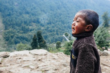 HIMALAYAS, Everest REGION, NEPAL - 20 EKİM 2018: Evlerinin yanında ağlayan Nepal 'li küçük çocuk portresi