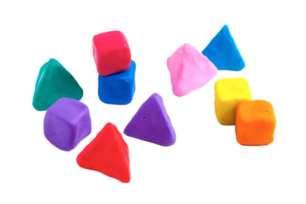 Pyramidy Kostky Kuličky Barevného Plasticinu Bílém Pozadí — Stock fotografie