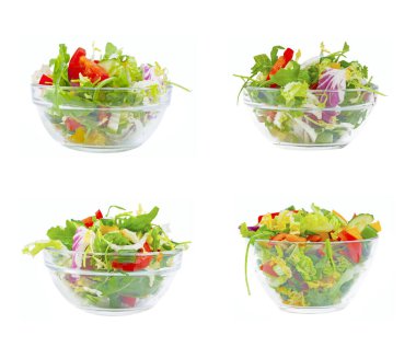 Taze yeşil sebze ve cam tabakta salata.