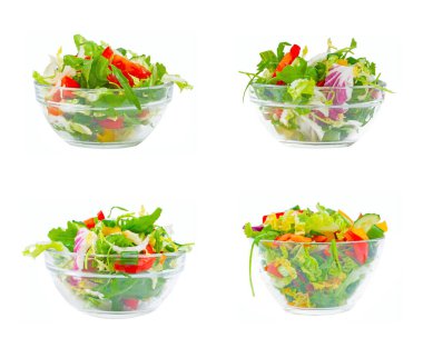 Taze yeşil sebze ve cam tabakta salata.