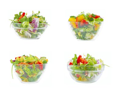 Taze yeşil sebze ve cam tabakta salata.