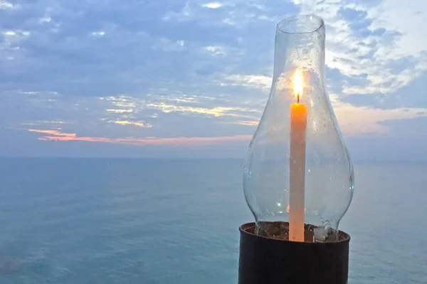 Candle Glass Candleholder Arabian Sea Background Sunset Time Varkala India — Stock Photo, Image