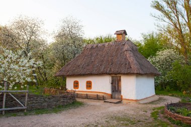 Renkli ağaçlardaki ahşap evler Sonbaharda park halinde Pirogovo Müzesi, Kiev, Ukrayna 