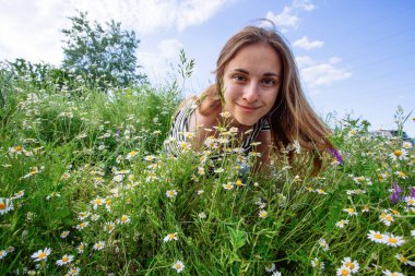 Kahverengi saçlı güzel bir kadın, gülümsüyor, papatya tarlasında.