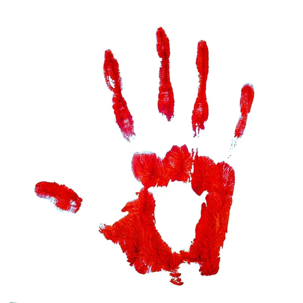 Отпечаток Руки Красной Краской Белом Фоне — стоковое фото