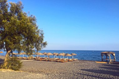Perissa Baech ve Ege deniz kıyısı, Santorini Adası, Yunanistan