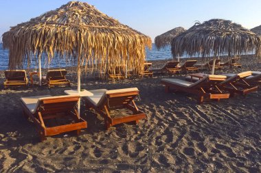 Perissa Baech ve Ege deniz kıyısı, Santorini Adası, Yunanistan