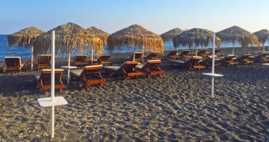 Perissa Baech ve Ege deniz kıyısı, Santorini Adası, Yunanistan