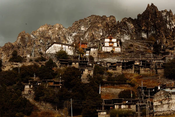 Pedra Tradicional Construir Aldeia Manang Montanhas Fundo Região Annapurna Nepal — Fotografia de Stock