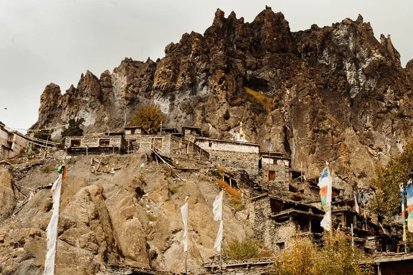 Traditionelle Sten Bygge Landsby Manang Bjerge Baggrunden Annapurna Regionen Nepal - Stock-foto