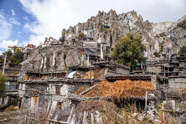 Traditionelle Sten Bygge Landsby Manang Bjerge Baggrunden Annapurna Regionen Nepal - Stock-foto