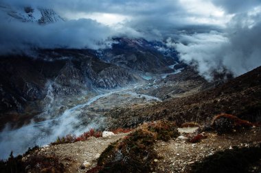 Manang Vadisi ve Annapurna dağlarının panoramik manzarası. Annapurna gezisi, Nepal