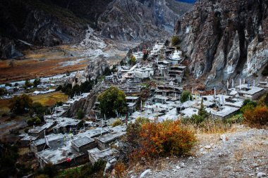 Manang Vadisi ve Annapurna dağlarının panoramik manzarası. Annapurna gezisi, Nepal