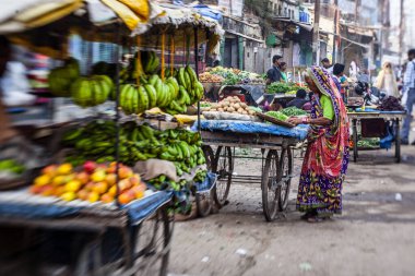Varanasi, Hindistan - 28 Ekim 2013: Hindistan 'ın Rajasthan kentindeki Jodhpur kentindeki bir sokak pazarında sebze satan son sınıf öğrencisi bir kadın