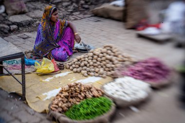 Varanasi, Hindistan - 28 Ekim 2013: Hindistan 'ın Rajasthan kentindeki Jodhpur kentindeki bir sokak pazarında sebze satan son sınıf öğrencisi bir kadın