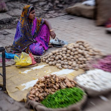 Varanasi, Hindistan - 28 Ekim 2013: Hindistan 'ın Rajasthan kentindeki Jodhpur kentindeki bir sokak pazarında sebze satan son sınıf öğrencisi bir kadın