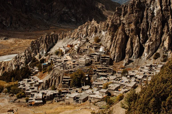 Panoramaudsigt Manang Dalen Annapurna Bjergkæden Annapurna Kredsløb Trek Nepal - Stock-foto