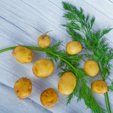 Hafif ahşap arka planda taze patates ve dereotu.