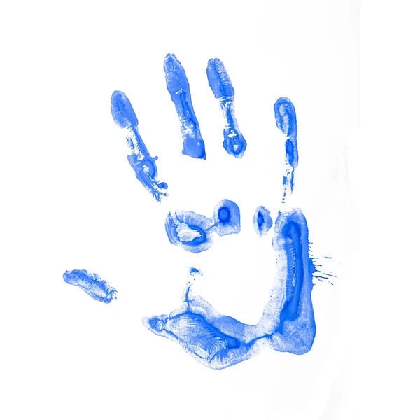 Bright blue handprint on white background close-up — Stock Photo